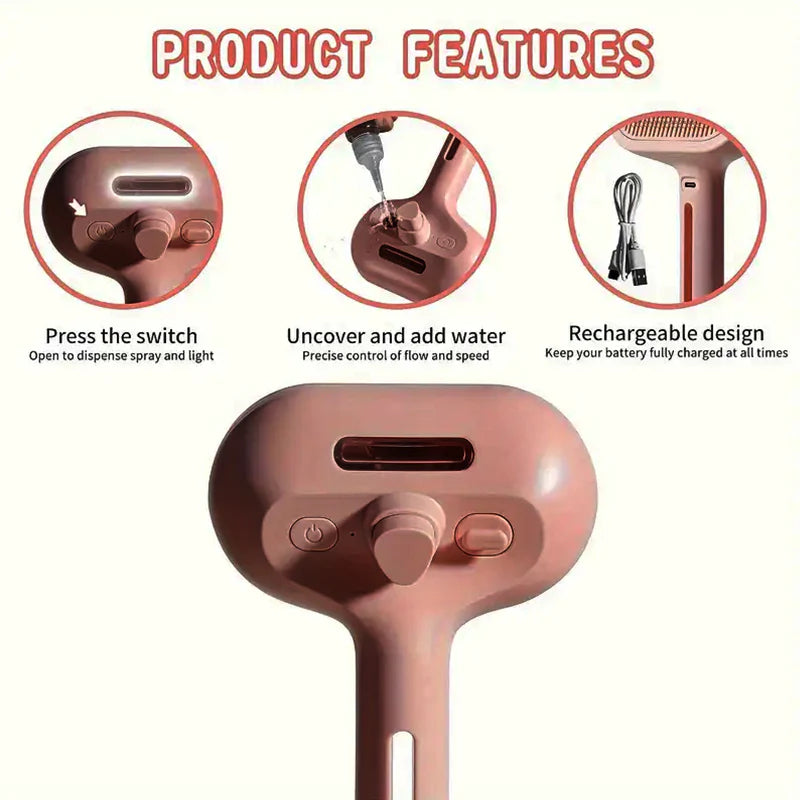 3-in-1 Pet Steam Brush for Dogs, Cats - Rechargeable Deshedding Comb with Stainless Steel Bristles